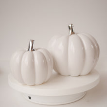 Load image into Gallery viewer, Pair of White &amp; Silver Ceramic Pumpkin Decorations 2 sizes 8.5cm - 12 cm | Autumn Decoration |
