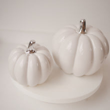 Load image into Gallery viewer, Pair of White &amp; Silver Ceramic Pumpkin Decorations 2 sizes 8.5cm - 12 cm | Autumn Decoration |
