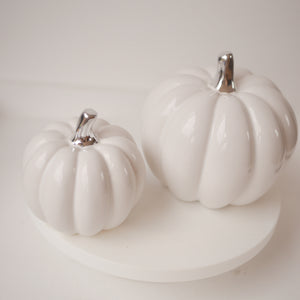 Pair of White & Silver Ceramic Pumpkin Decorations 2 sizes 8.5cm - 12 cm | Autumn Decoration |