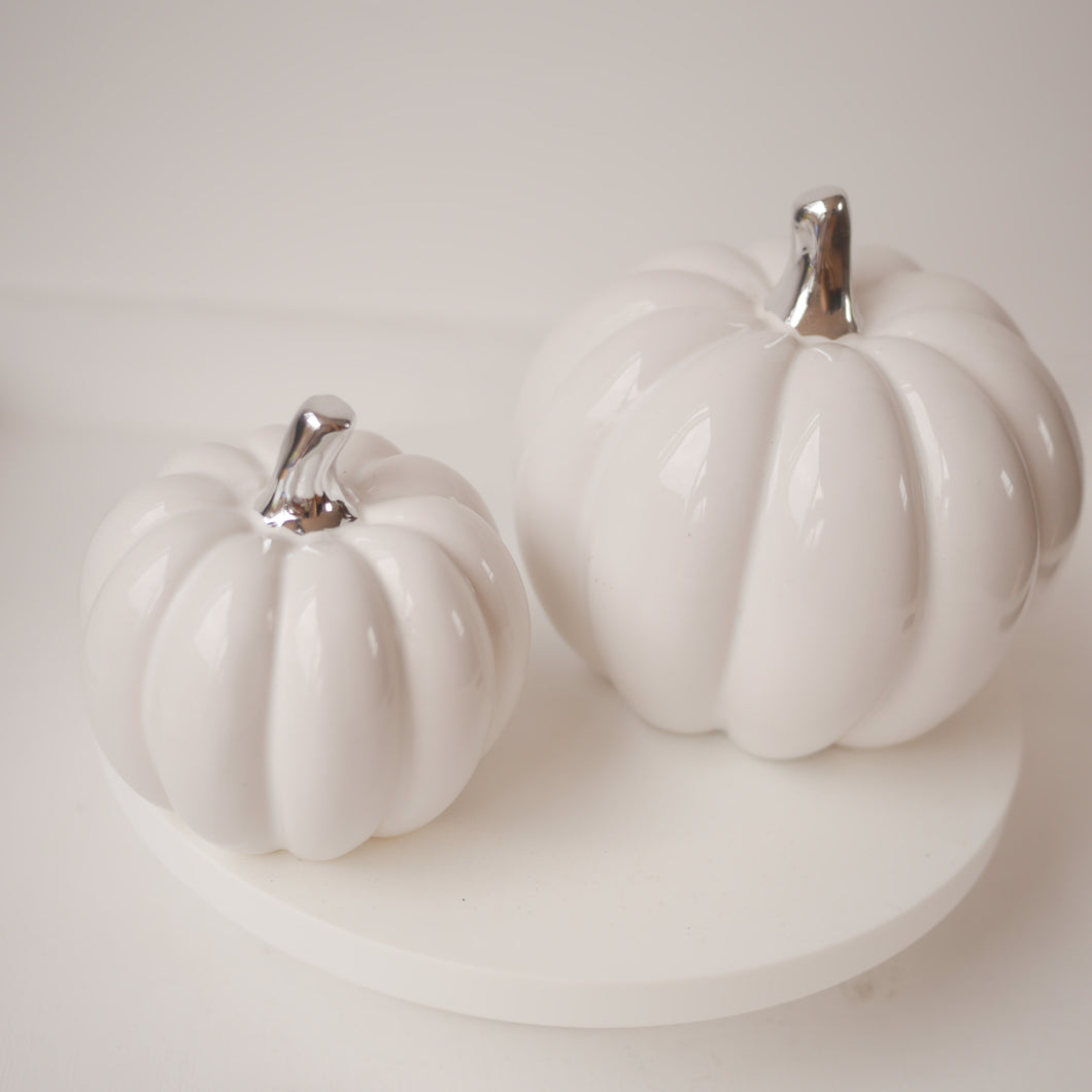 Pair of White & Silver Ceramic Pumpkin Decorations 2 sizes 8.5cm - 12 cm | Autumn Decoration |