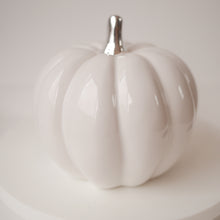 Load image into Gallery viewer, Pair of White &amp; Silver Ceramic Pumpkin Decorations 2 sizes 8.5cm - 12 cm | Autumn Decoration |
