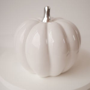 Pair of White & Silver Ceramic Pumpkin Decorations 2 sizes 8.5cm - 12 cm | Autumn Decoration |